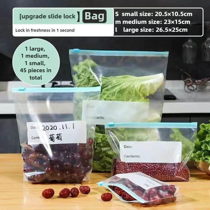 Bolsa de comida disponible en varios tamaños, bolsas Ziplock de calidad alimentaria para organización de almacenamiento de cocina, bolsa de aperitivos reutilizable de 10/15/20/45 Uds.