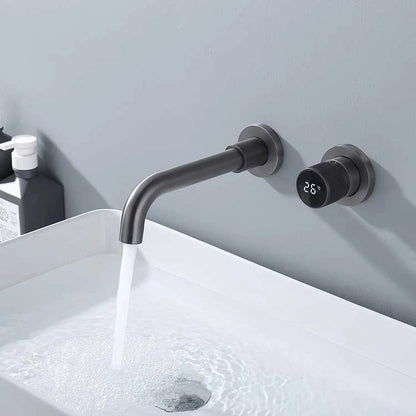 Grifo de baño de latón negro Diseño de pantalla digital inteligente oculto Grifo de lavabo de doble control frío y caliente gris de una sola manija