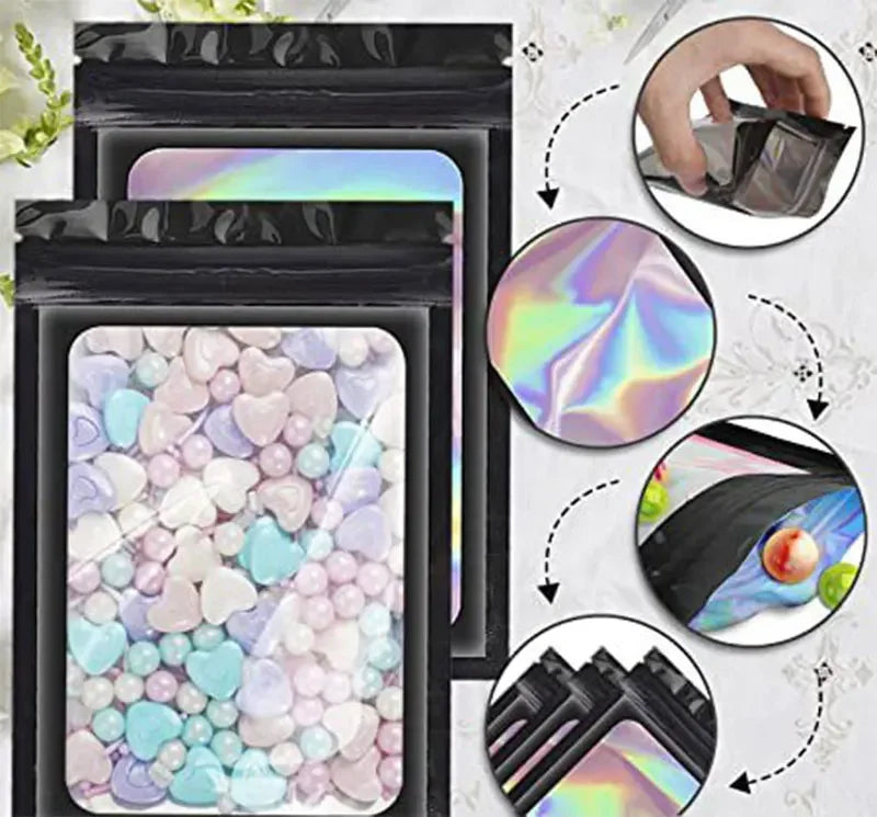 100 Uds. Bolsas holográficas resellables Mylar Ziplock Candy Suger Tee joyería bolsa de almacenamiento de belleza muestra joyería embalaje plástico Pou