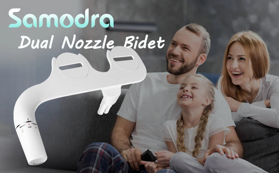 Bidet SAMODRA Ultra-Delgado, Bidet Minimalista para Inodoro con Doble Boquilla (Lavado Frontal y Trasero) Presión de Agua Ajustable, Attachment de Asiento para Inodoro con Agua Fresca, Fácil de Instalar.